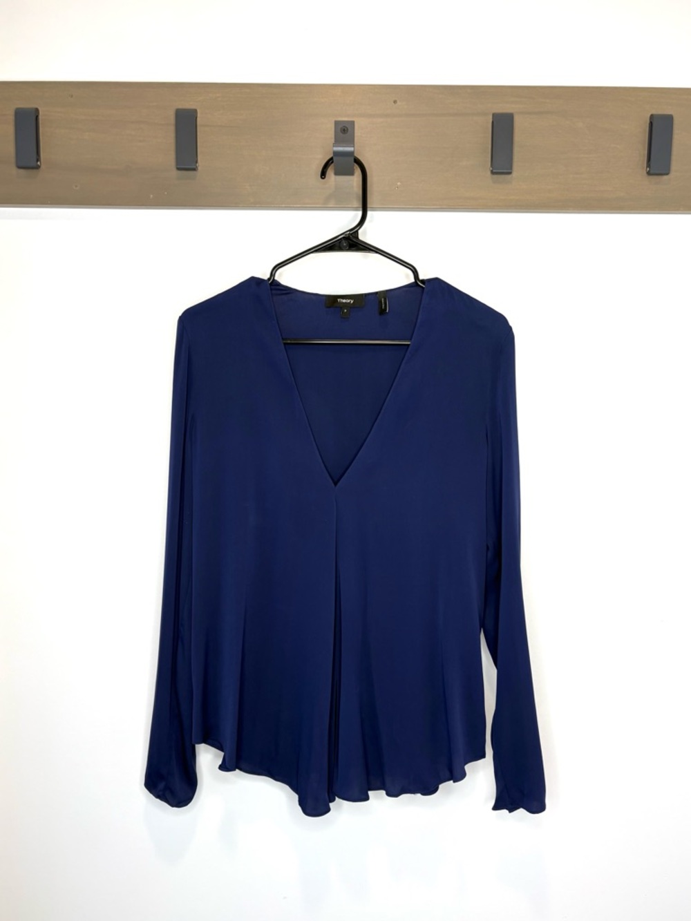 Theory Silk V-Neck Blouse Navy Long Sleeve - Size Small